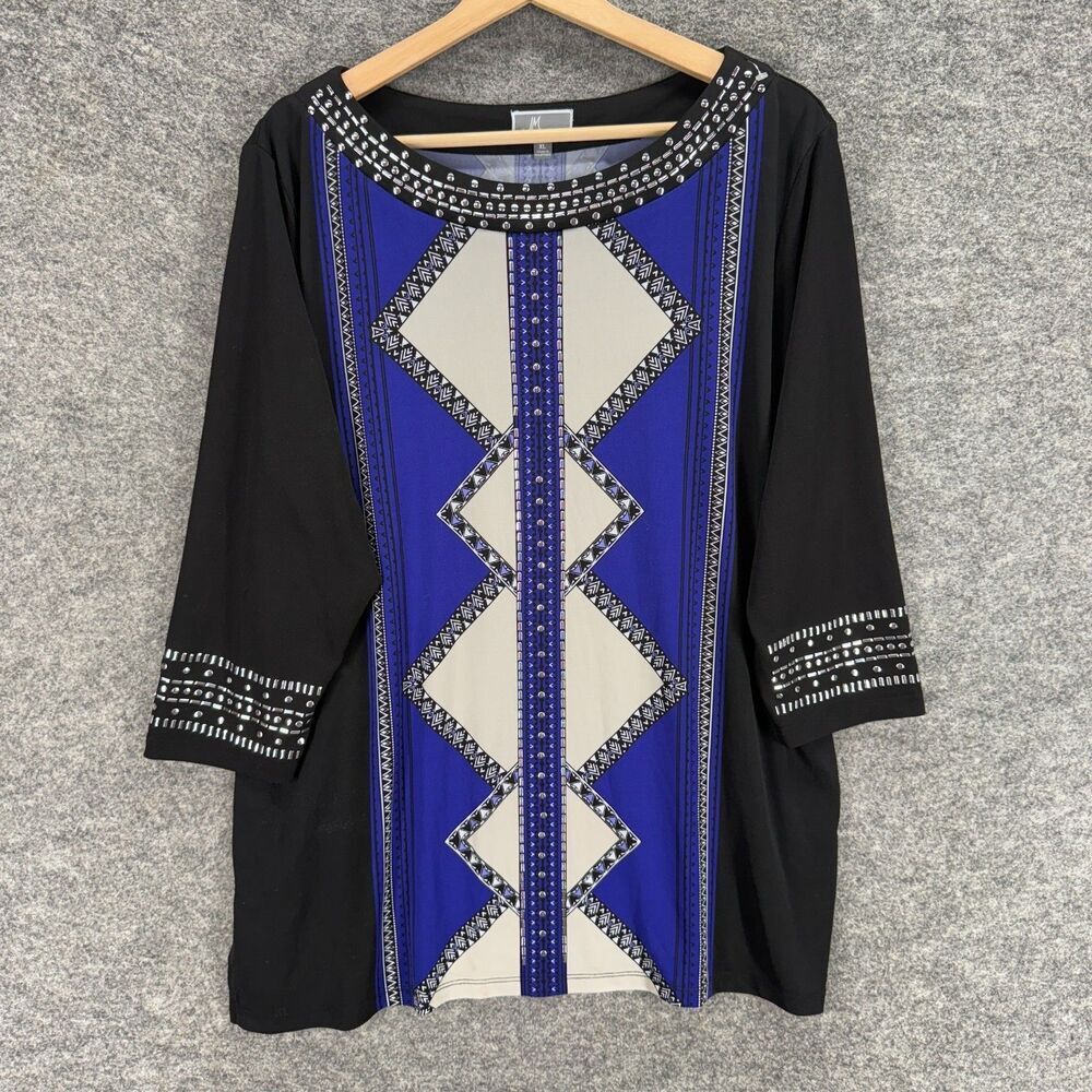 JM Collection Tunic Top Women XL Black Geometric 3/4 Sleeve Round Neck Casual